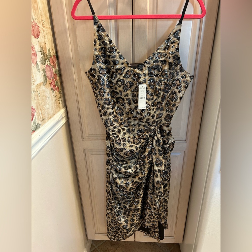 White House Black Market Leopard Print Metallic Faux Wrap Midi Dress Size 8 NWT